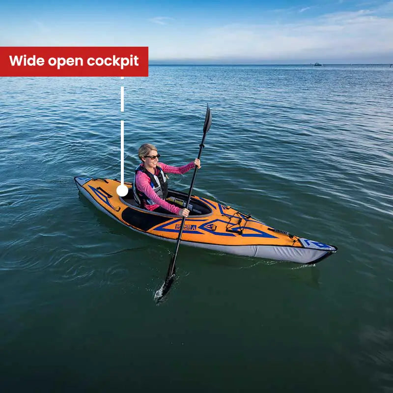 Woman paddling the AdvancedFrame Sport Elite Kayak showing the wide open cockpit