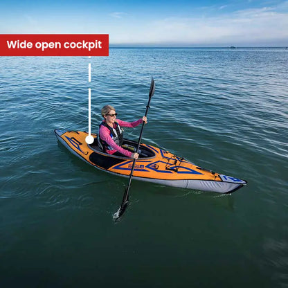 Woman paddling the AdvancedFrame Sport Elite Kayak showing the wide open cockpit