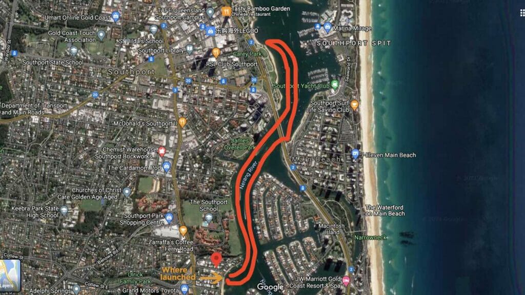 kayaking at yacht st to broadwater parklands map